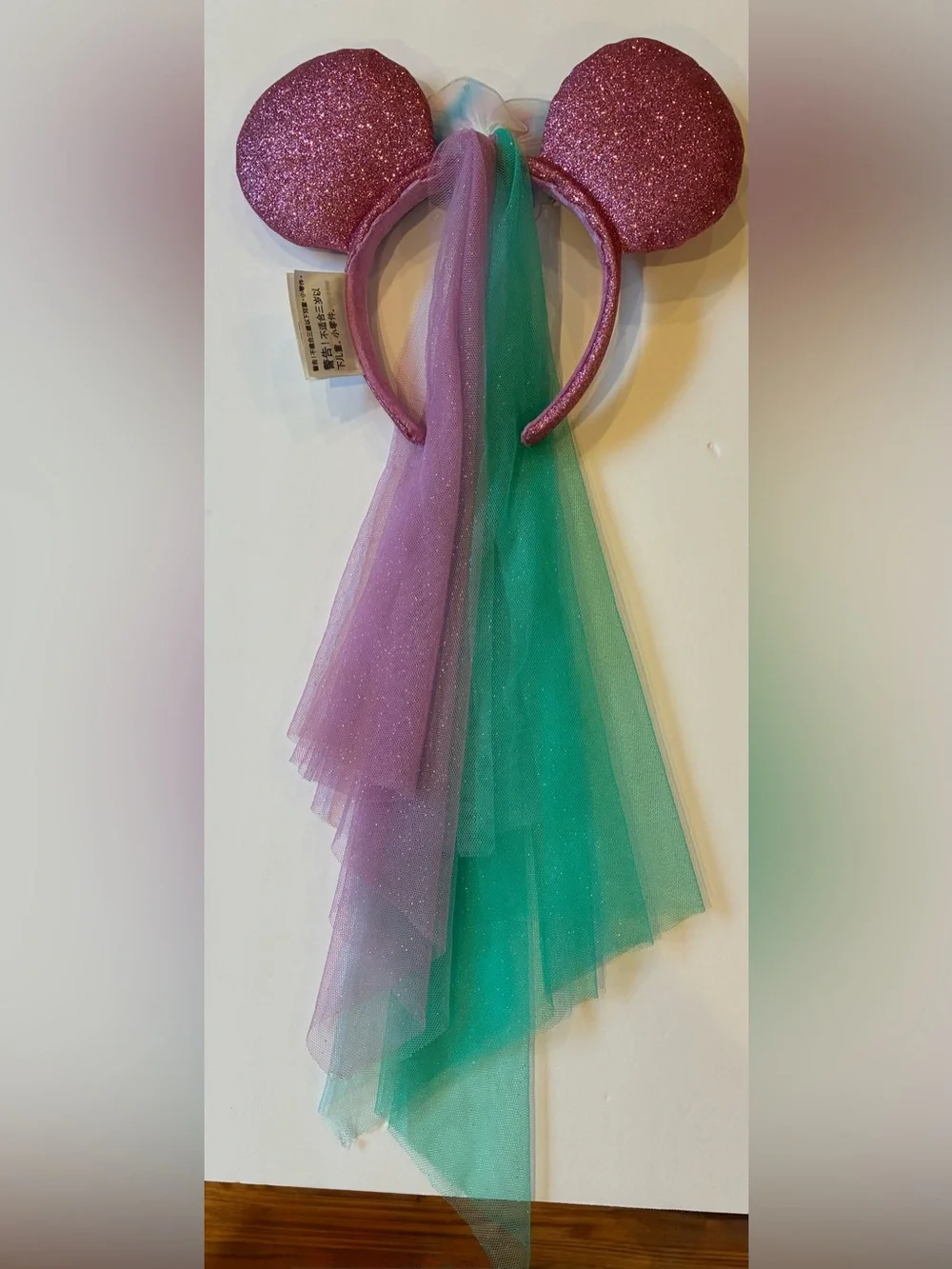 Disney Parks Minnie Mouse Ears Headband Pink Glitter Tulle Veil Flower